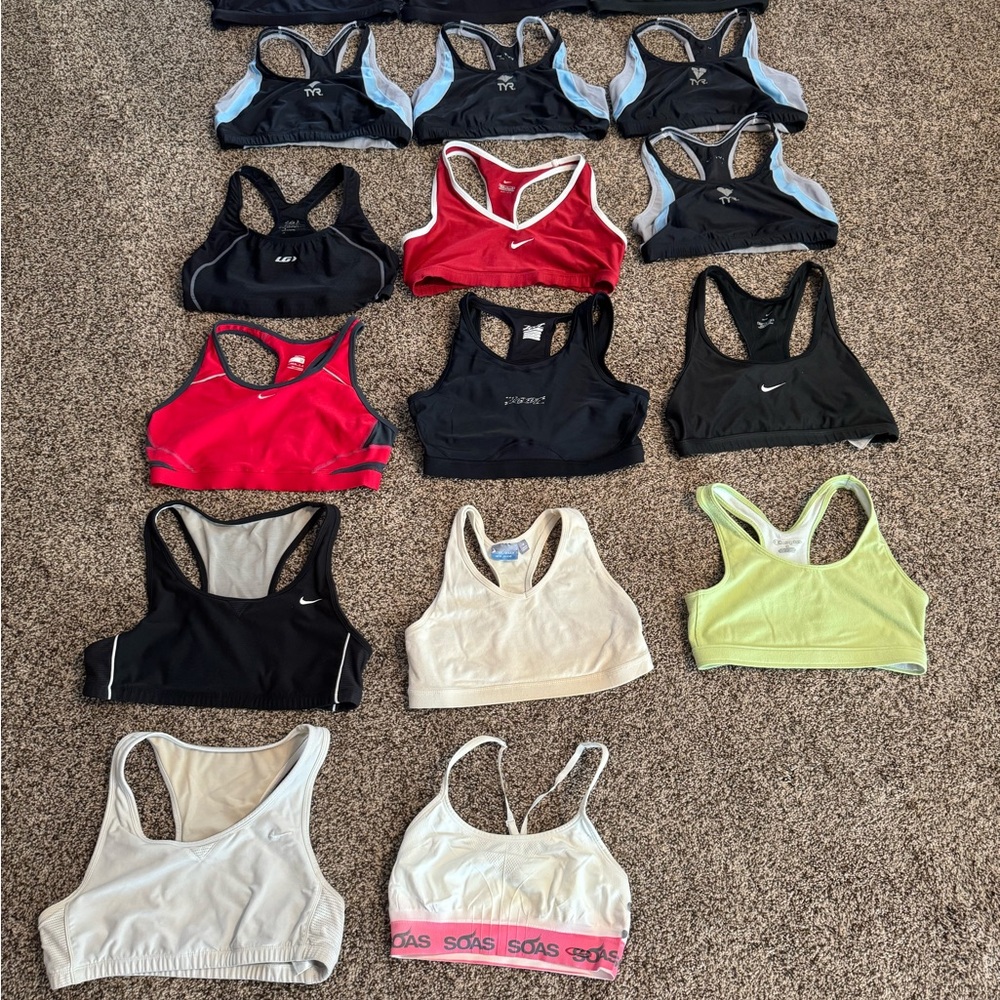17 sports bras, some with questionable elastic.